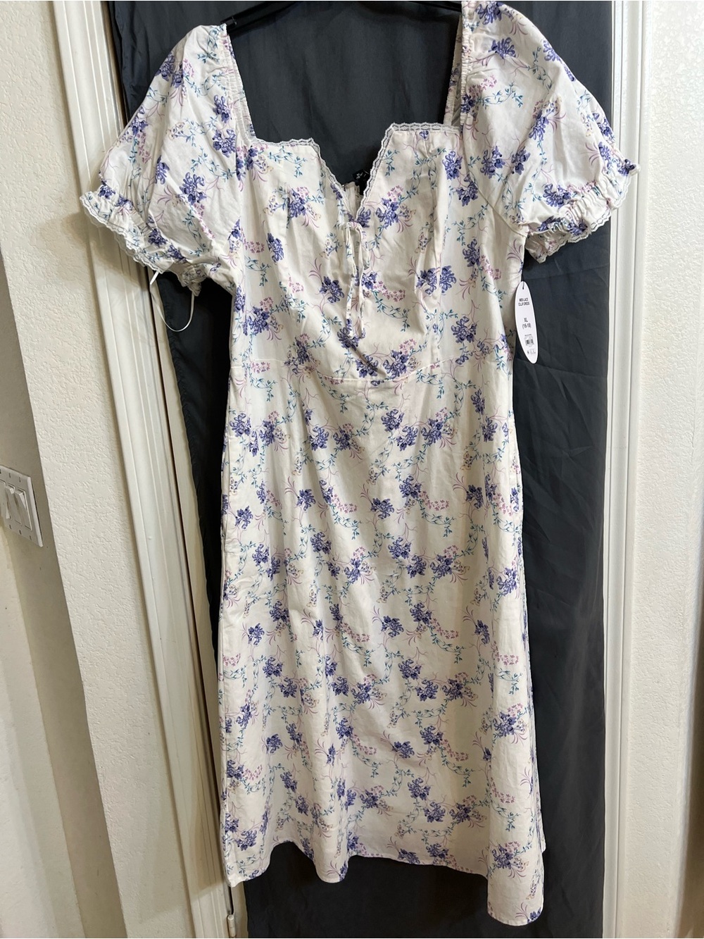 NWT Women’s Scoop White Floral Puff-Sleeve Midi lined linen lace trim Dress XL - Picture 6 of 10